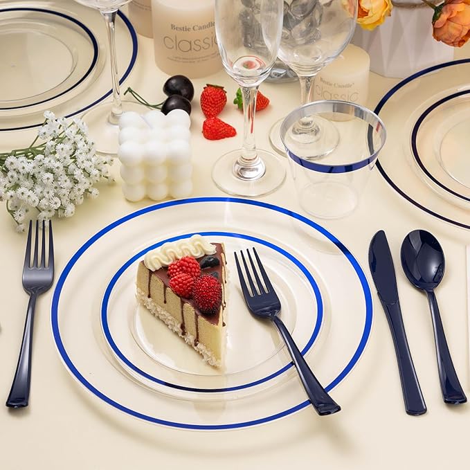 Beststar 350PCS Blue and Clear Plastic Dinnerware Sets for 50 Guests, Include 100 Blue Disposable Plates, 100 Forks, 50 Knives, 50 Spoons, 50 Cups,christmas party supplies