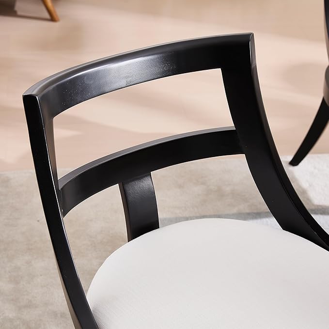 Modern Farmhouse Dining Chairs Set of 4 Mid Century Upholstered Dining Chair with Wooden Curved Back Kitchen Chairs for Dining Room Restaurant Cafe, Black-Linen Beige
