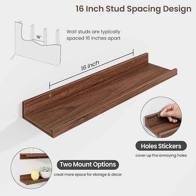Axeman Picture Ledge Shelf | 24 Inch Walnut Floating Shelves Set of 3 | Rustic Wood Wall Shelves with Lip | 24" Walnut Picture Shelf for Wall with Ledge | Photo Shelves