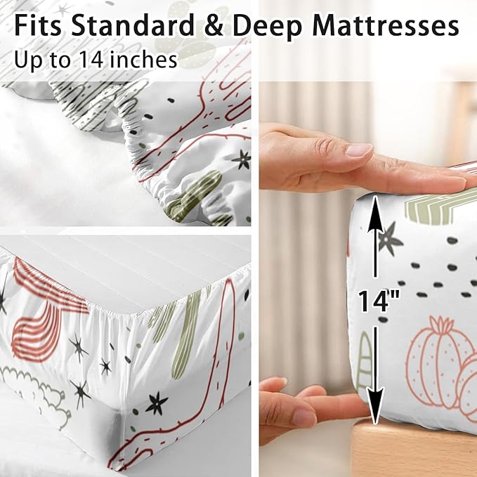 Pamnest King Size Bed Sheet Sets, Mexican Vintage Ivory Soft Microfiber 4 Pcs Bedding Sets for Kids and Adults Bedroom Bed Decor, Cactus Flower Floral Flat, Fitted Sheet and 2 Pillowcases