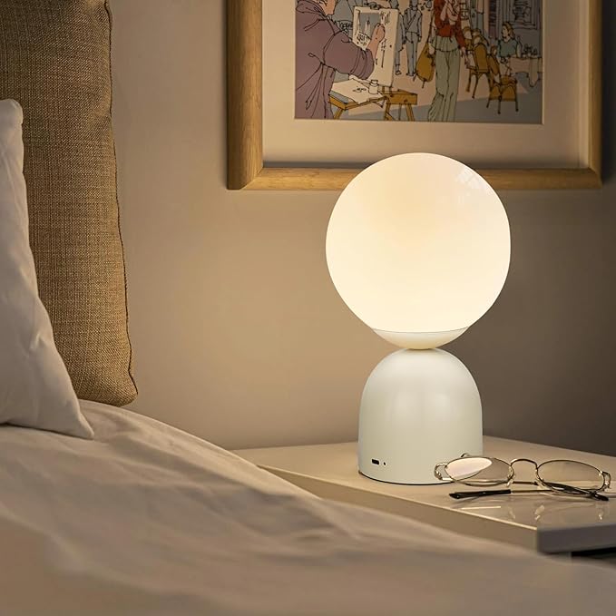 Cordless Globe Glass Table lamp Beige, 5200-mAh Rechargeable Orb Lamp, 3-Level Brightness Dimmable, Integrated LED 320 Lumen Max, for Bedside Nightstand Light