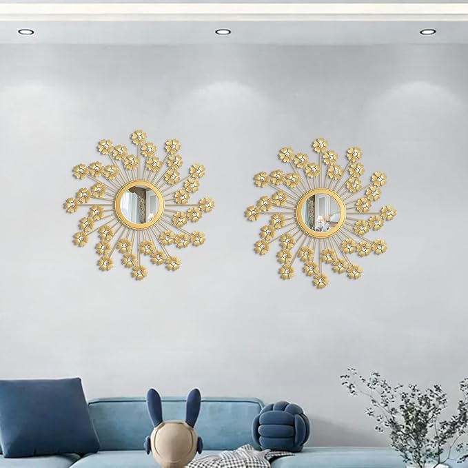 2 Pack Metal Mirrors for Wall Boho Sunburst Wall Mirror Home Decor Modern Decorative Wall Art for Bedroom Living Room Entryway