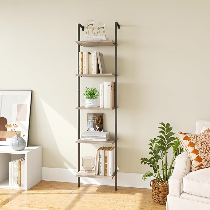 ELYKEN Ladder Shelf, 5-Tier Wood Wall Mounted Bookshelf with Metal Frame, Vintage Open Display Organizer Rack, Leaning Storage Shelves for Living Room, Bedroom, Home Office, Greige
