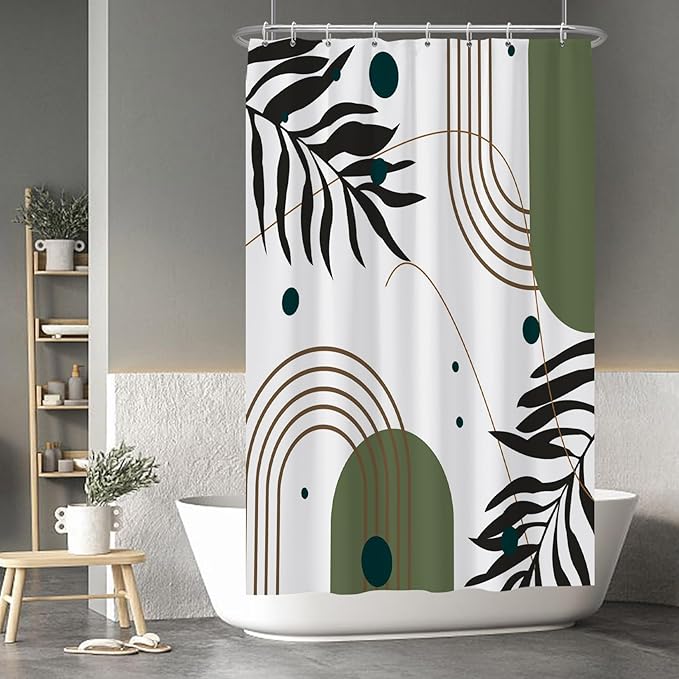 Baocicoo Mid Century Boho Shower Curtain Botanical Abstract Green Leaf Shower Curtain for Bathroom Hostel Hotel Cubicle Bathtub Decor Durable Waterproof Curtain for Bathroom with Hooks 48x72 Inches
