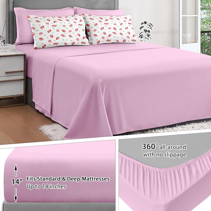 7Pcs Comforter Set King Size, Cute Red Strawberry Fruit, Bedding Decor Pink Strawberries Party Girly Bedroom Bed Set with Flat Sheet Fitted Sheet Pillowcases Shams for Kids and Adults