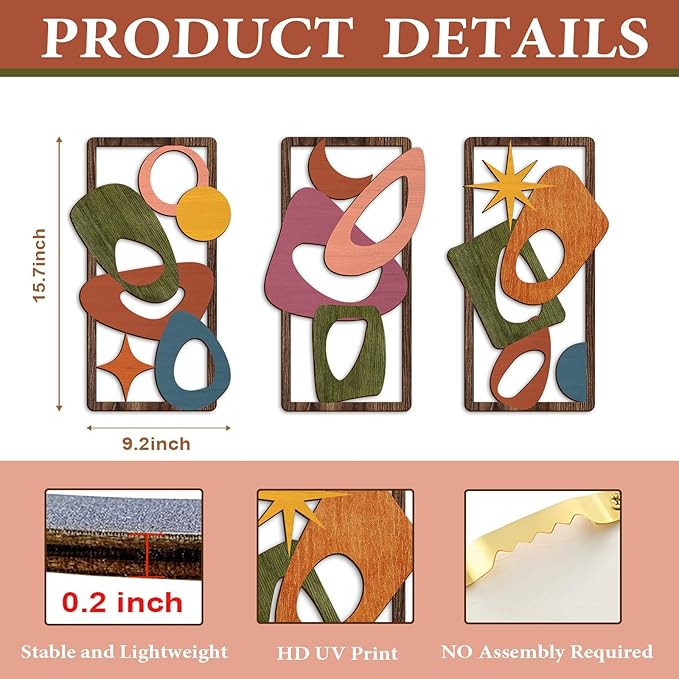 Pigort 3 Pcs Wooden Abstract Wall Art Mid Century Modern Wall Art Modern Elegance Wall Decor Geometric Home Decoration for Living Room Office 9.2x15.7inch
