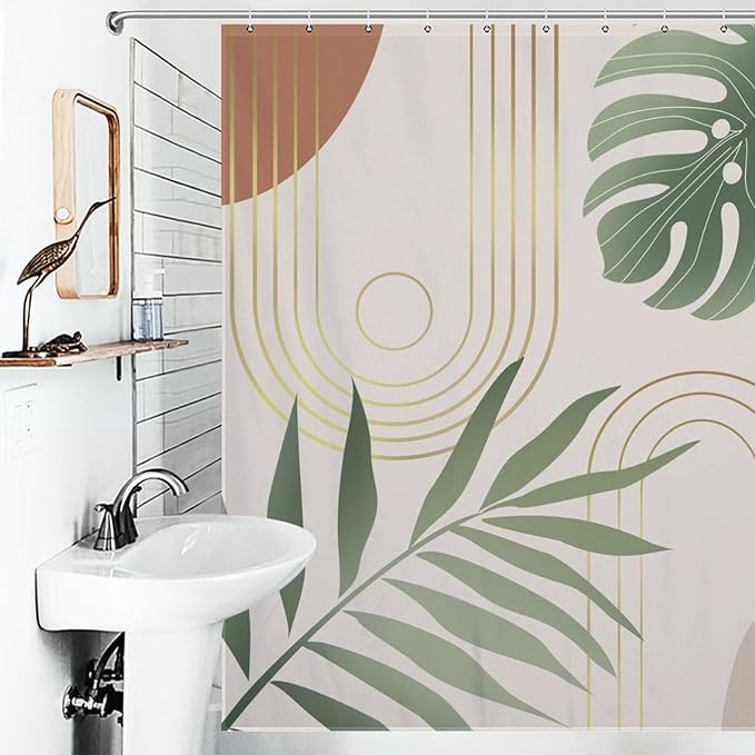 Boho Mid Century Shower Curtain,Modern Abstract Plant Botanical Palm Leaf Minimalist Bathroom Curtain Polyester Waterproof Fabric Decor 72x72in（183x183cm）