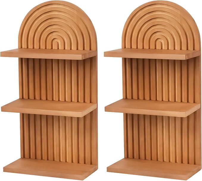 Boho Wall Decor Floating Shelves for Bedroom and Living Room, Mid Century Modern Wooden Wall Shelf Set for Plants and Display, Vintage Arched Decorative Shelves 2 pcs