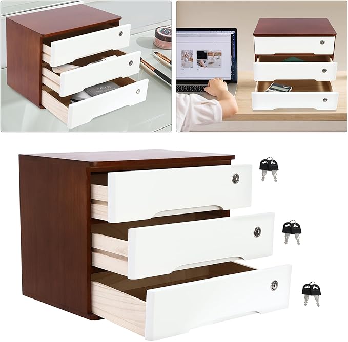 Desktop File Organizer with Lock, 2/3/4 Tier Multi-Drawer Wooden Storage Cabinet, Office Supply Organizer for Home Desk, Study & Workplace (Wine Red + White, 3 Layers)