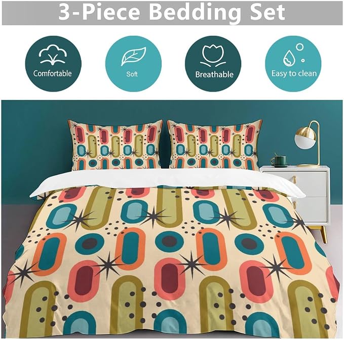 Colorful Aesthetic Comforter Cover Geometry Bed Set, Retro Atomic Duvet Cover，Modern Mid Century Bedding Sets，Aesthetic Abstract Art Bedding 3 Piece (1 Duvet Cover 102"x90" + 2 Pillow Sham 20"x30")