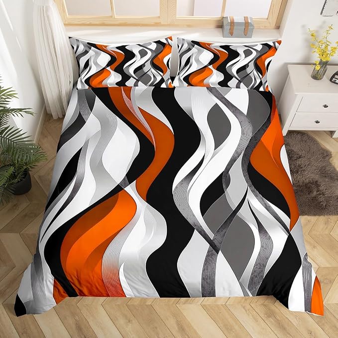Orange Black Stripes Duvet Cover Set Twin Size,Abstract Geometric Striped Wave Bedding Set,Boys Girls Room Decor,Modern Fashion Artwork Comforter Cover,Simple Quilt Cover,1 Pillowcase(No Filler)
