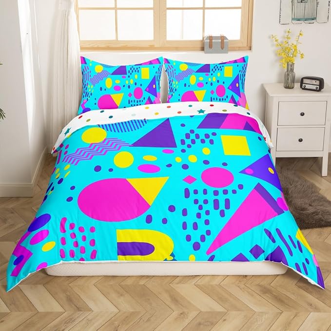 80s 90s Bedding Set Memphis Pattern Old Fashioned Comforter Cover King,Geometric Abstract Colorful Dots Funky Duvet Cover Retro Bed Set,Multicolor Vintage Rainbow 80'S Style 1980S Home Decor,Teal