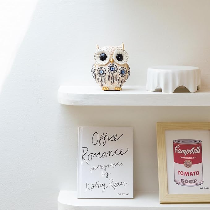 Owl Statue Home Decor Accents with Evil Eye.White Decor for Bookshelf, Bedroom, Living Room, Office, Table and Shelf. Vintage Owl Figurines Gifts for Birds Lover.Cute Small Animal Sculptures.