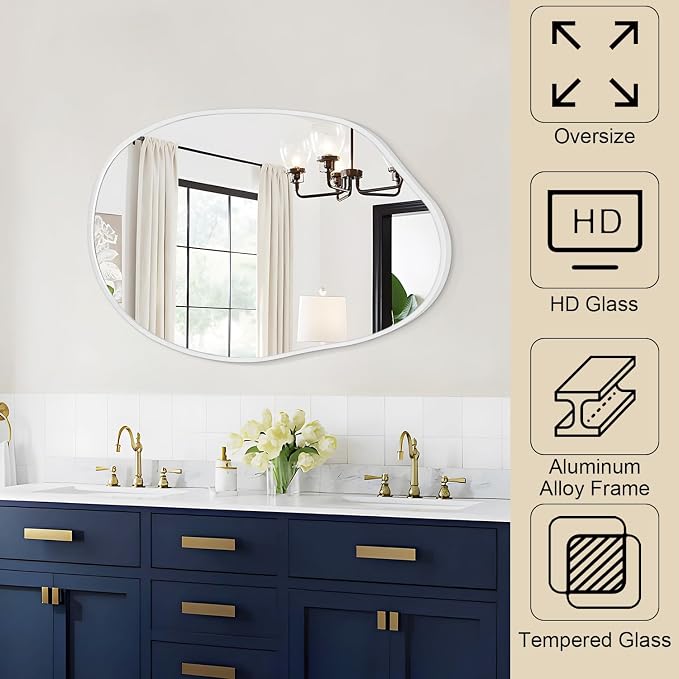 Asymmetrical Bathroom Mirror Irregular Wall Mirror Modern Metal Frame Unique Shape Wall Mounted Vanity Artistic Mirrors Decorative for Living Room Bedroom Entryway 22"x30" Large White