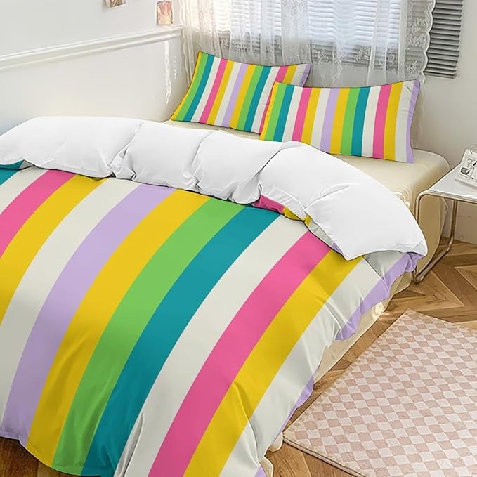 Rainbow Duvet Cover Set, Rainbow Lines Pattern Spectrum of Colors Abstract Art Decorative，Aesthetic Abstract Art Bedding 3 Piece (1 Duvet Cover 90"x90" + 2 Pillow Sham 20"x30")