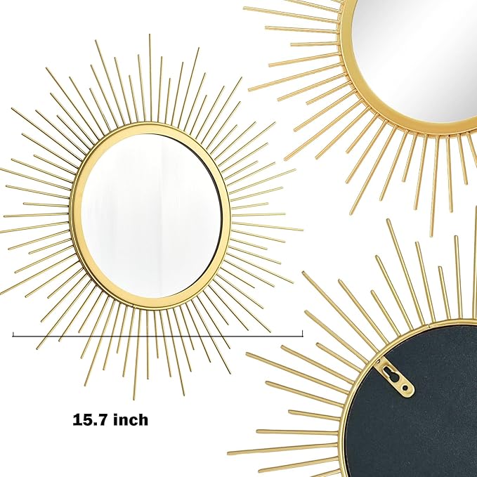 Cityelf 3 Set Gold Sunburst Mirrors for Wall Decorative Metal Mirrors Small Mirror Sets Hanging Mirror Wall Sculpture for Bedroom Living Room Entryway