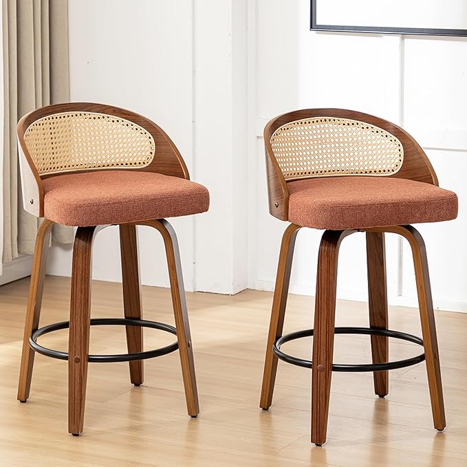 30" Swivel Rattan Bar Stools Set of 2,Mid-Century Modern Orange Linen Fabric Upholstered Counter Height Stools,Kitchen Island Barstools with Rattan Low Backrest,Walnut Wood Finish Bar Chair