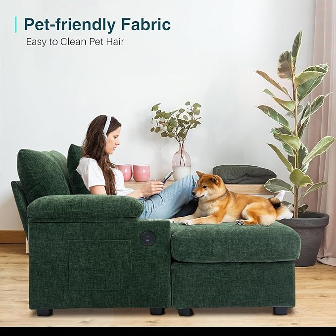 Oversized Chaise Lounge Chair with Ottoman and Cup Holders, Modern Sleeper Sofa with USB Charging Ports for Living Room and Bedroom, Convertible Small Sofa (Green)