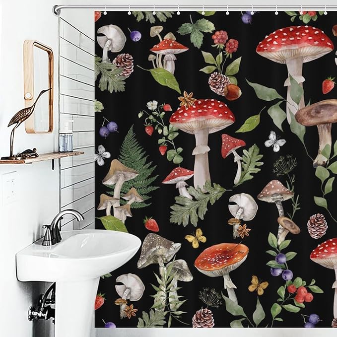 Mushroom Shower Curtain, Farmhouse Country Botanical Mushroom Plants Herbs Rustic Vintage Cottagecore Nature Black Waterproof Fabric Bathroom Shower Curtain Set with Hooks, 72"x72" Inch