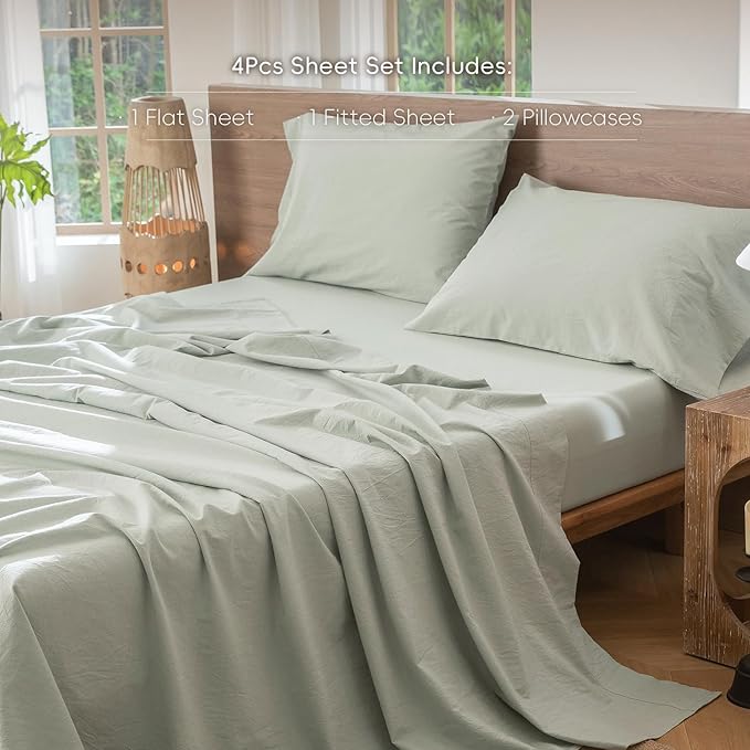MooMee Bedding Sheet Set 100% Washed Cotton Linen Like Textured Breathable Durable Soft Comfy (Heathered Sage Green, Queen)