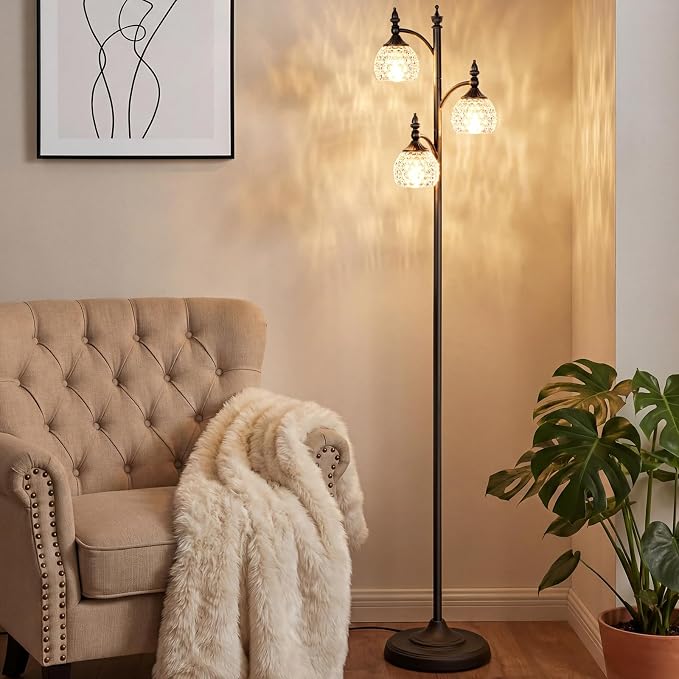 JUNNAI Glass Floor Lamp 66.5in Black Standing Lamps for Living Room with 3 Brightness Lights Vintage Retro Corner Lamp for Bedroom Office(3LED Bulbs Included)