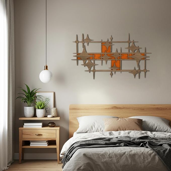 BrightRow Wooden Mid Century Modern Large Starbursts Wall Decor, Retro Starburst Panels Sculpture, 14.96 X 8.82 inch, Abstract Wall Decor Accents for Home Office Living Room