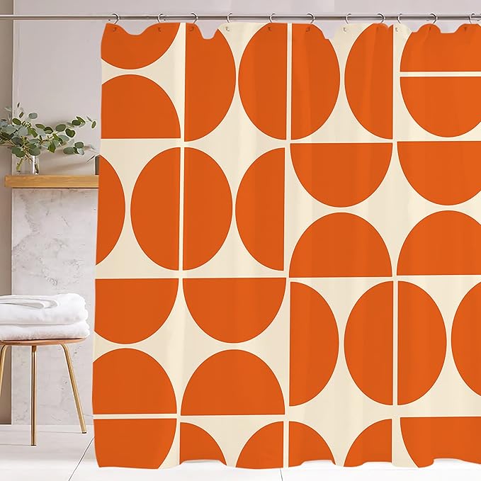 Orange Mid Century Shower Curtain Sets Boho,Modern Abstract Geometric Art Bath Curtain for Bathroom,Waterproof Fabric Polyester Curtain with 12 Hooks, 72 x 72 Inches