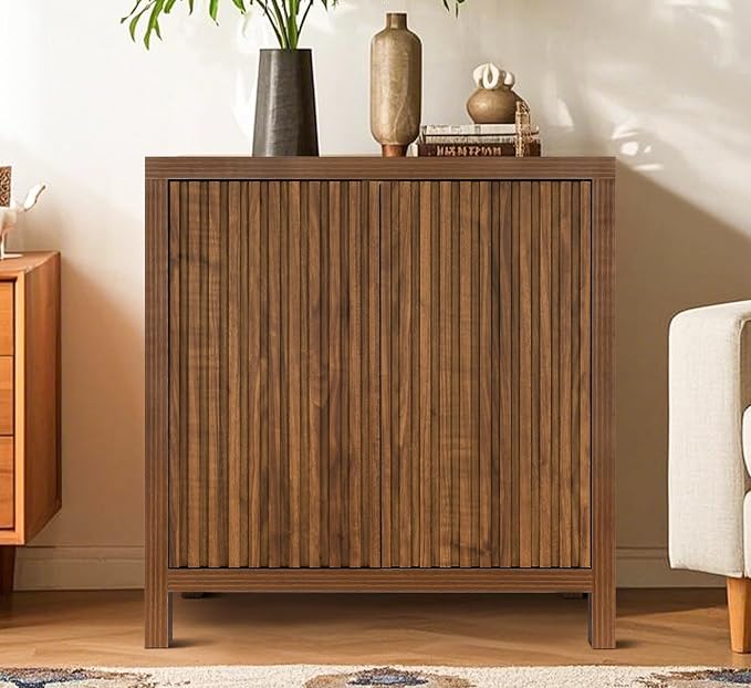 ZYBT Fluted Sideboard Buffet Cabinet, Mid Century Modern Accent Cabinet with 2 Doors and Adjustable Shelf, Storage Cupboard Credenza Console Table for Living Kitchen Dining Room Hallway