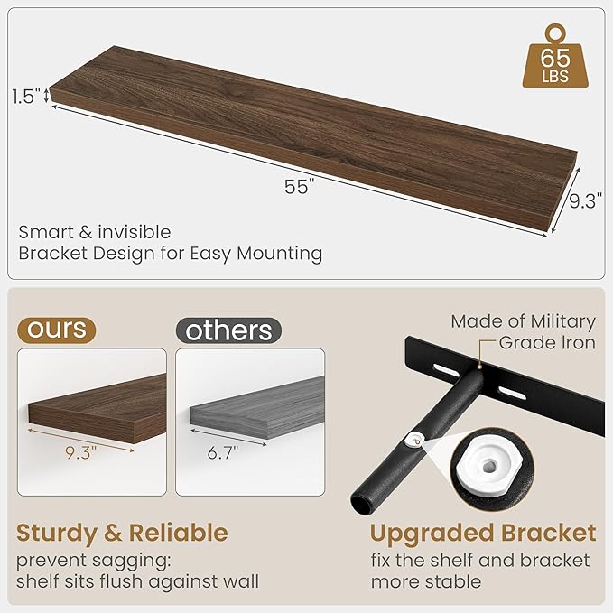 55 Inch Long Floating Shelves for Wall Set of 2, 55x9.3 Large Floating Shelf for Bedroom, Kitchen, Bathroom, Wall Mounted Rustic Wood Shelves with Invisible Bracket for Books, Decor, Walnut