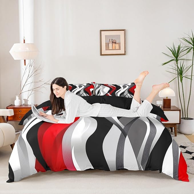 Red Black Stripes Duvet Cover Set Twin Size,Abstract Geometric Wave Striped Bedding Set,Boys Girls Room Decor,Contemporary Minimalist Comforter Cover,Simple Quilt Cover,1 Pillowcase(No Filler)