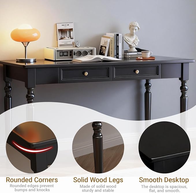 Rubberwood Office Desk with Drawers, Black Retro Style Study Desk, Desk, Country Style Wood Desk, Solid Wood Computer Table for Office,Living Room 31.5×23.6×29.5 inch