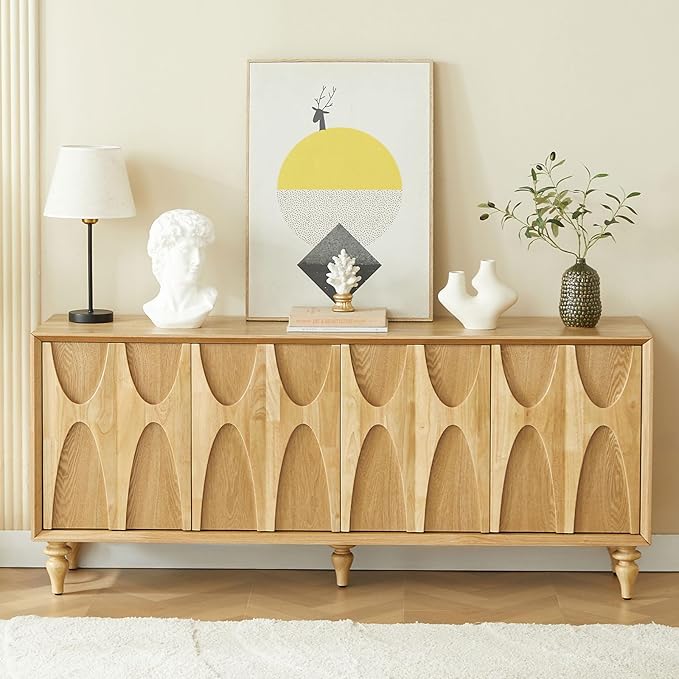 LKTART 62.99" Sideboard Buffet Cabinet with Storage, Solid Wood Kitchen Storage Cabinet Credenza Accent Console Table with Solid Wood Roman Legs Dovetail Door Trim Panel Ash Veneer,Natural Oak