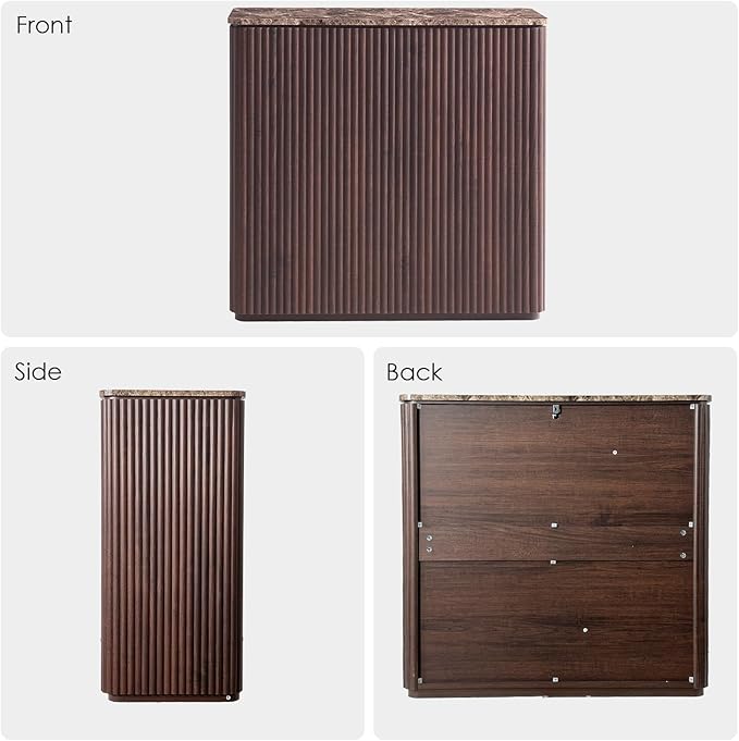 Fluted 2 Doors Sideboard Cabinet with Storage-Wooden Credenza w/Shelves, Faux Marble-Top Coffee Bar Console Table, Modern Buffet Cabinet for Dining, Kitchen, Living Room, Entryway, Dark Oak, 3pcs