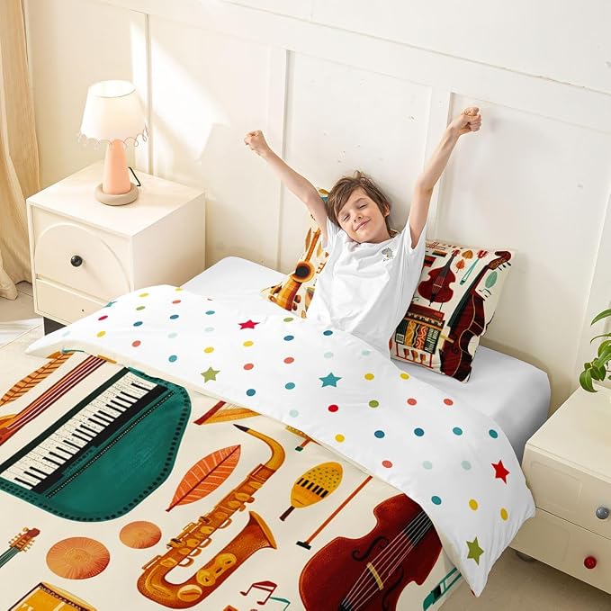 Erosebridal Retro Music Comforter Cover Twin for Kids Adults - Vintage Music Bedding Set Mid Century Musical Instruments Duvet Cover,Trendy Boho Jazz Instrument Bed Set
