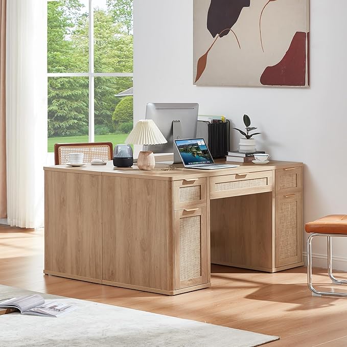 LEYAOYAO 56'' Rattan Farmhouse Executive Desk with Drawers, Wood Home Office Desk with File Cabinet and Metal Handles, Large Vintage Computer Desk for Home, Bedroom, Living Room （Natural）
