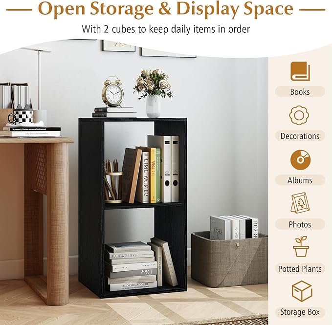 Tangkula 2-Cube Bookcase, 3-Tier Bookshelf with Open Compartments, Freestanding Cube Storage Organizer with Anti-Toppling Kits, Modern Display Shelf for Living Room, Study (1, Black, 2-Cube)