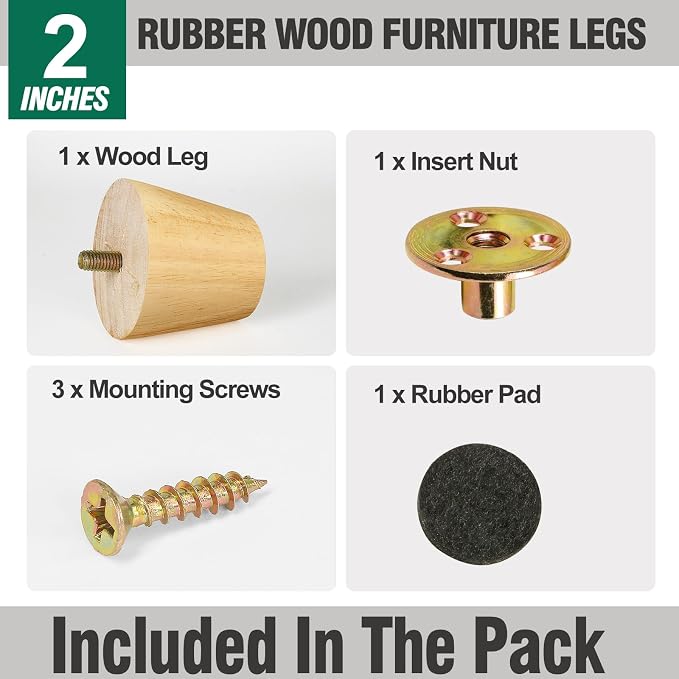 FoDau770 Rubber Wood Furniture Legs 2 Inches, 5/16" UNC Straight Tapered Wood Feet Mid Century Sofa Legs, Wooden Furniture Feet Replacement Parts for Cabinet Couch Dresser Chair Ottoman Table