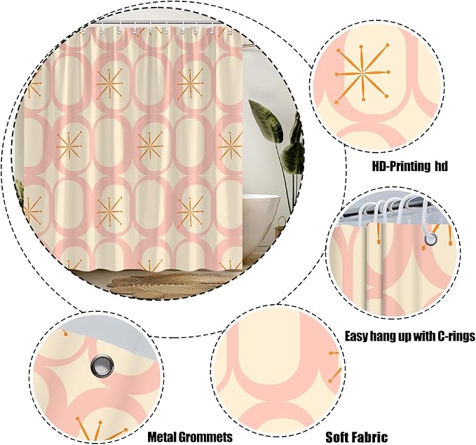 Mid Century Shower Curtain Modern Abstract Atomic Starbursts Squares Retro 50s Geometric Bathroom Decor Polyester Curtains with Hooks
