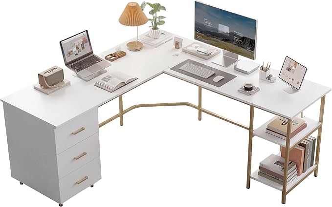 Techni Mobili L Shaped Desk - Two-Toned Computer Desk with Drawers & Storage Shelves - Simple Modern Furniture & Home Office Space Corner Table for Work & Writing