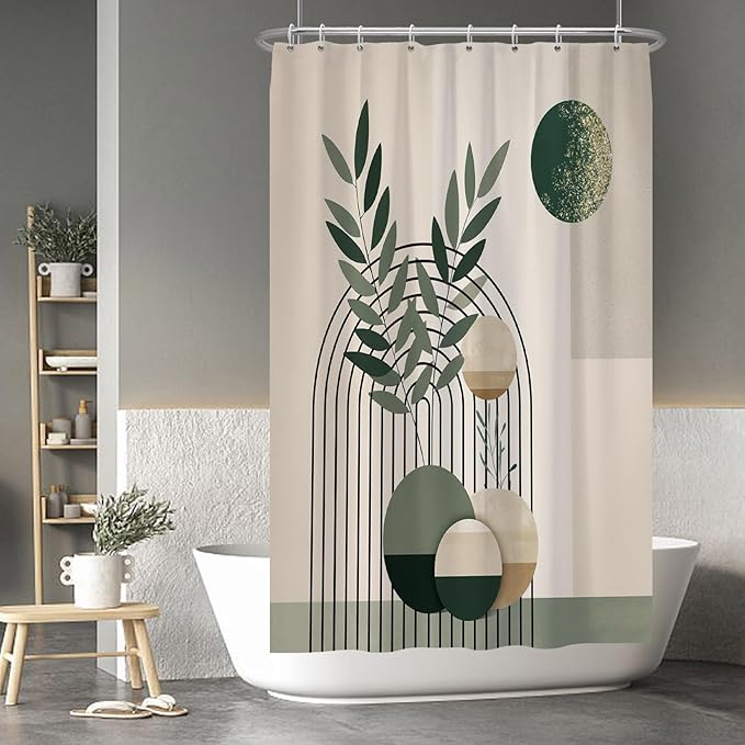 Baocicoo Mid Century Bohemia Green Moon Leaves Shower Curtain - Geometric Aesthetic Bathroom Decor - Polyester Durable Shower Curtain with Hooks - 48x72 Inches