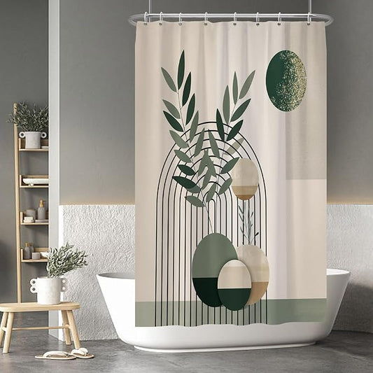 Baocicoo Mid Century Bohemia Green Moon Leaves Shower Curtain - Geometric Aesthetic Bathroom Decor - Polyester Durable Shower Curtain with Hooks - 48x72 Inches