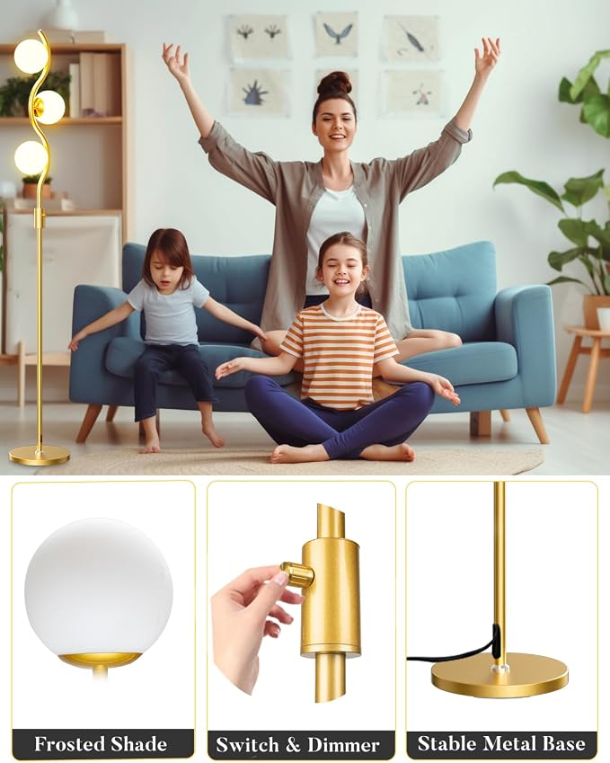 60IN Dimmable Gold Globe Floor Lamp, Modern Standing Lamps with 3 Soft Warm White 3000K Bulbs, Mid Century Floor Lamp with 5Lbs Heavy Base for Living Room Bedroom Home Decor