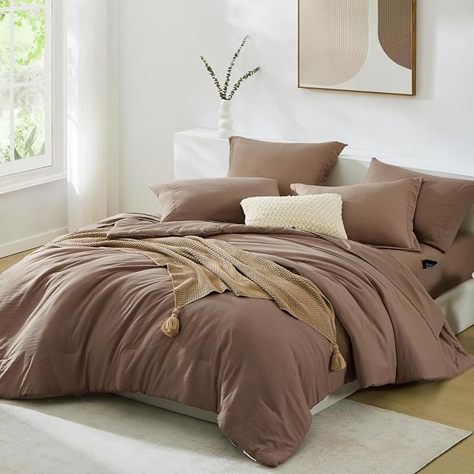 WRENSONGE Full Size Comforter Sets- 7 Pieces Soft Brown Bed in a Bag with Fitted Sheet, Flat Sheet, 2 Pillow Shams, 2 Pillowcases, Warm Bedding Sets for All Season