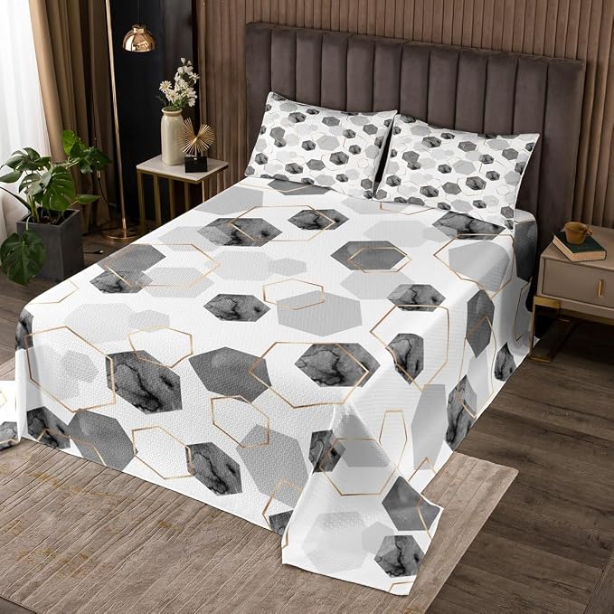 Erosebridal Grey Modern Quilt Set King - Marble Geometric Minimalist Coverlet Set, Fresh Abstract Geometric Art Decor Bed Sets for Boys Girls Watercolor Hexagon Quilts with 2 Pillowcases