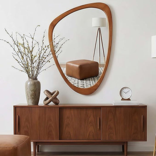 20x30 Inch Asymmetrical Wall Mirror Wood,Rustic Irregular Shaped Vanity Mirror for Bathroom,Bedroom, Living Room, Entryway, Fireplace,Wall Decor,Solid Wooden Frame (Yellow Brown, 20"x30" Inch)