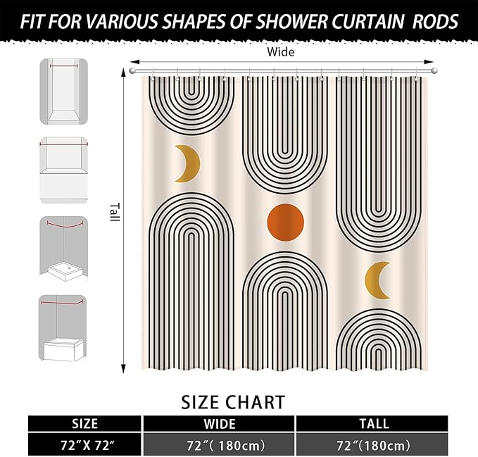 Boho Shower Curtains for Bathroom Mid Century Minimalist Abstract Aesthetic Modern Bathroom Decor Curtain Machine Washable Waterproof Fabric with 12 Hooks 72" W x 72" L