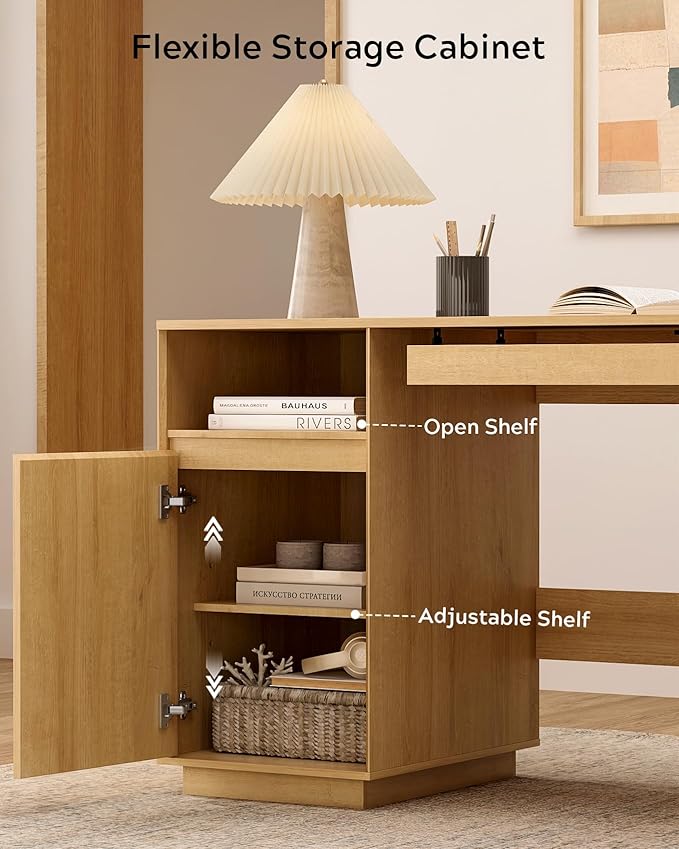 EYYTHUNG 59" Executive Desk, Farmhouse Large Home Office Desk with File Drawer & Outlet & Storage Cabinet, Wood Computer Desks with Keyboard Tray, Workspace for Study Writing, Natural Oak