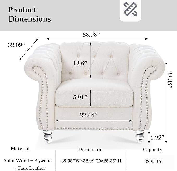 Yoglad Upholstered Accent Chair, Retro Style Armchair with Rolled Arms, Comfy Single Sofa with Wood Legs and Nailhead for Living Room, Bedroom, Apartment (White, 39", Teddy Fabric)