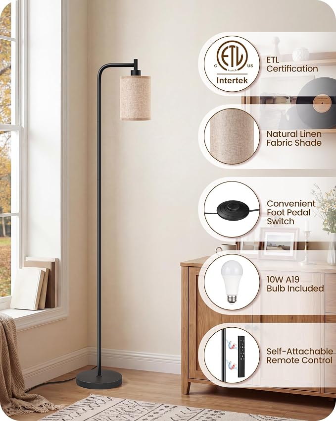 2Pack Dimmable Floor Lamp for Living Room with Remote and Foot Switch, Modern Standing, Corner Lamp,10W Bulb 3 Color Temperatures, for Bedroom, Office, ETL Listed, Black and Beige E19LDP205
