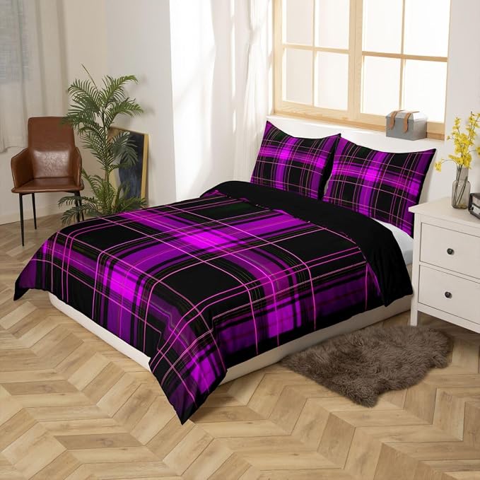 Erosebridal Geometric Plaid Grid Duvet Cover Queen Modern Checkered Tartan Bedding Set for Kids Teens Vintage Purple Black Comforter Cover Farmhouse Cabin Decor Bed Set, 2 Pillowcases